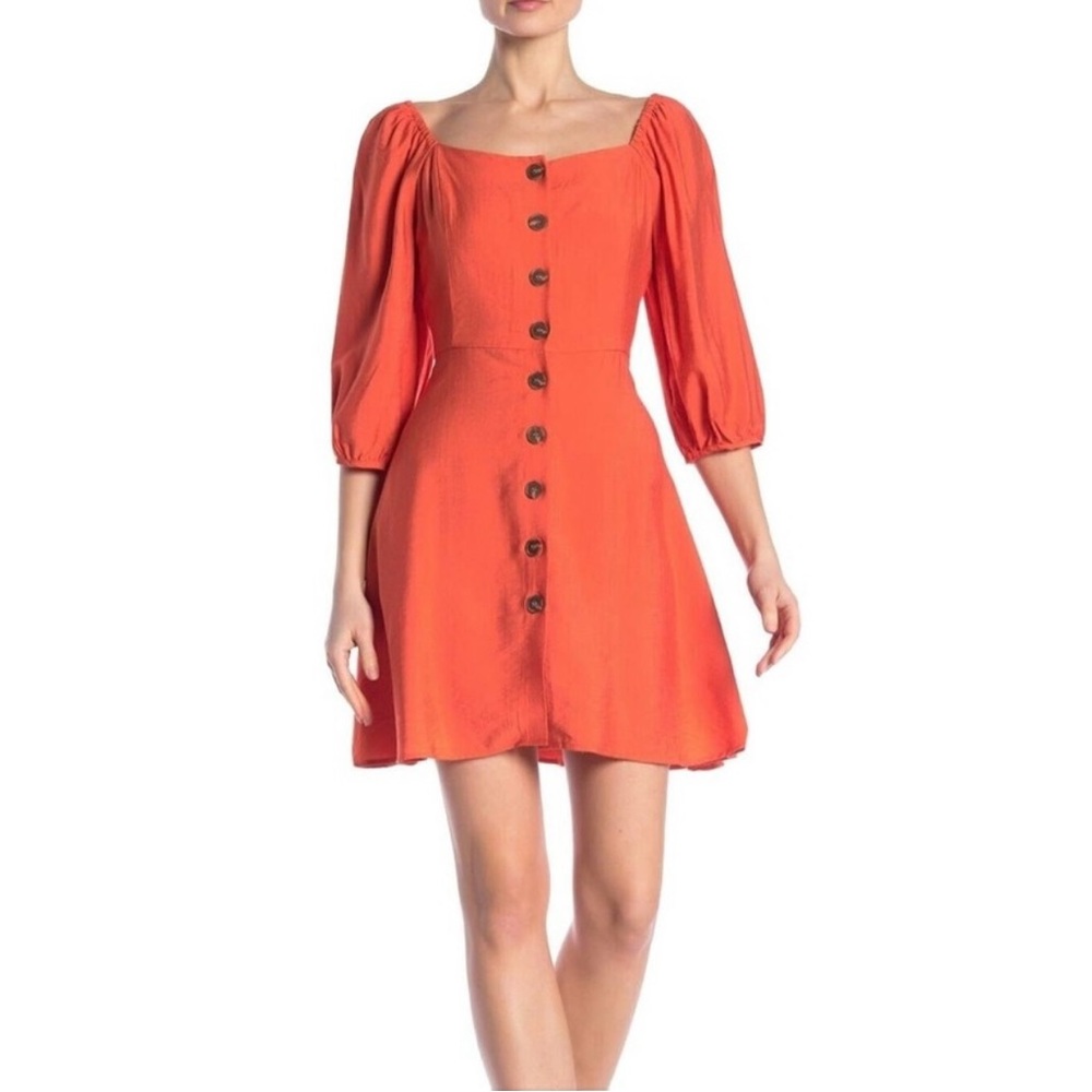 MELLODAY Orange Square Neckline A-Line Lined Mini Dress 3/4 Sleeves Size XS